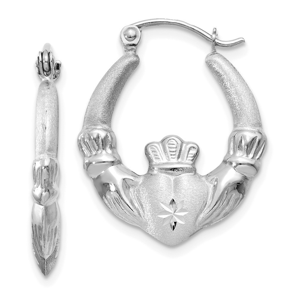 14k White Gold Satin and Diamond-cut Claddagh Hoop Earrings 21 L x 2 mm W